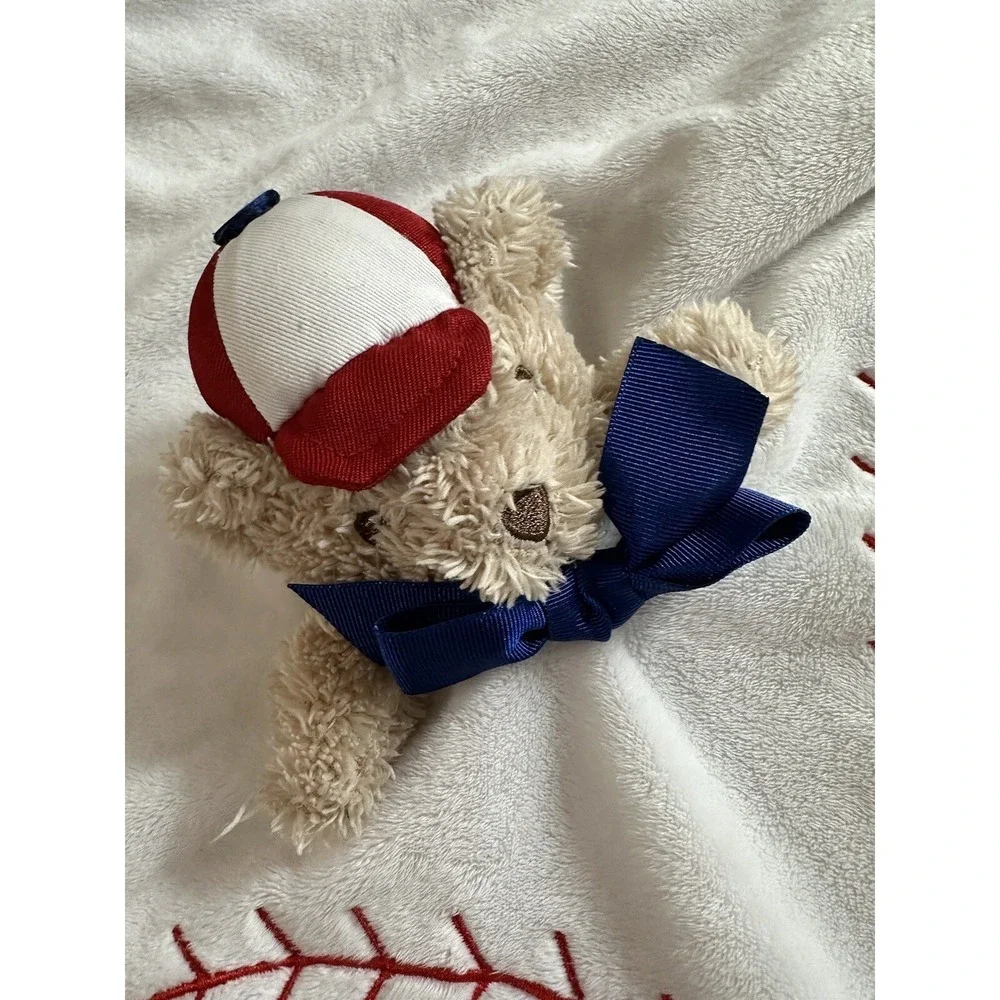 Baseball Teddy Brown Bear lovey‎ Navy Satin Trim Dan Dee rattle Large 17